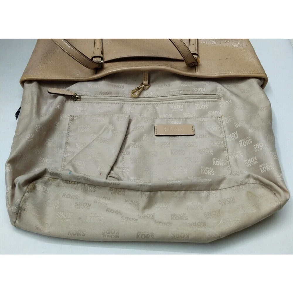 Michael Kors Beige Coated Canvas Leather Trim MK Printed Double Handles Tote Bag